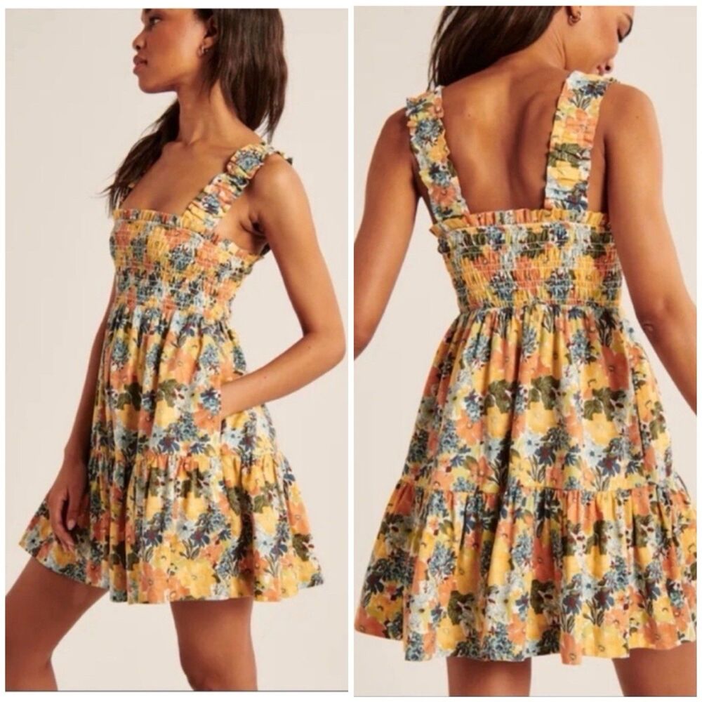 Abercrombie & Fitch Floral Smocked Mini Dress Ruffle Tiered Sleeveless Size XL
